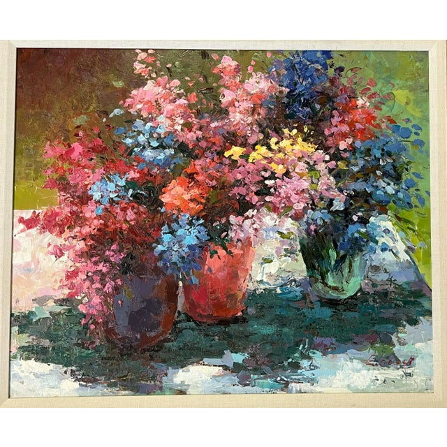 Traditional Original Signed and Framed Impressionist Flowers Oil Painting on Canvas For Sale - Image 3 of 12