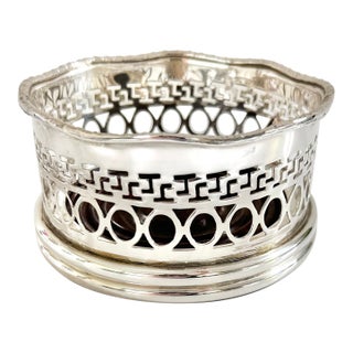Vintage Silverplate Wine Bottle Coaster With Wood Base & Pierced Gallery For Sale