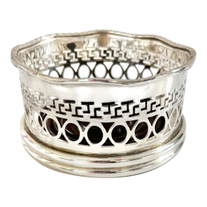 Vintage Silverplate Wine Bottle Coaster With Wood Base & Pierced Gallery
