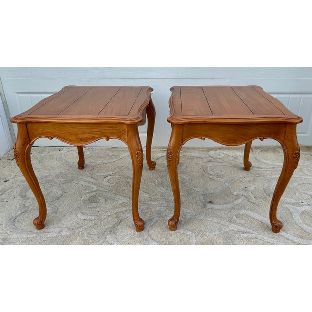 1980s Vintage Pair of Ethan Allen Country French Syle Carved Side Tables For Sale - Image 5 of 15