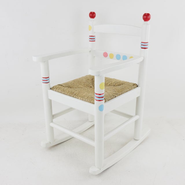 Wood Lovely Hand-Painted Children's Rocking Chair With Hand-Woven Reed Seat Cushions For Sale - Image 7 of 12