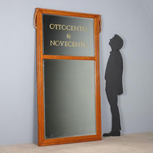 Early 20th-century mirror with oak frame featuring Art Nouveau elements and a glass decal bearing the words 'Ottocento &...