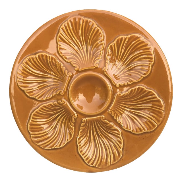 French Orange Majolica Oyster Plate Proceram, Circa 1950 For Sale