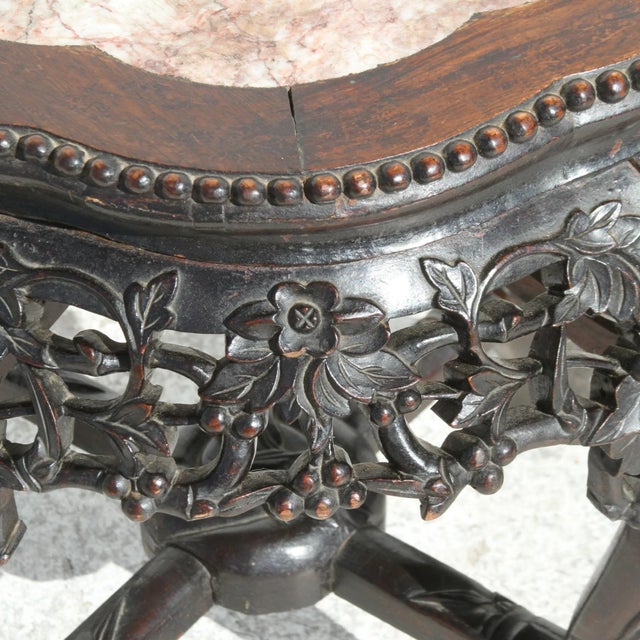 Chinese Carved Hongmu Wood Stand With Marble Insert For Sale In Houston - Image 6 of 9