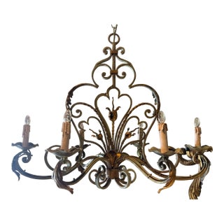 Early 20th Century French Louis XV Verdigris and Gilt Six-Light Iron Chandelier For Sale