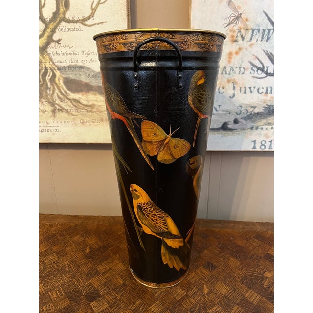 Vintage English Planter Jardiniere Urn Bird Decoupage Black Tole Aviary Décor For Sale - Image 15 of 18