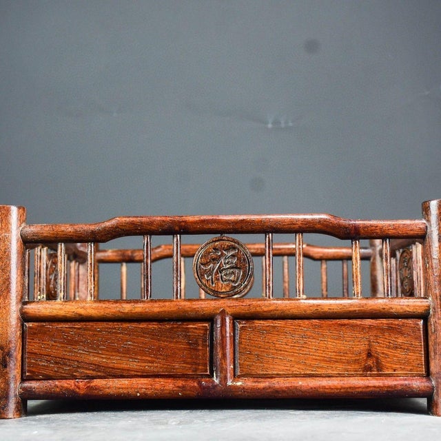 Vintage Chinese Huali Rosewood Display Tray | Carved "Fu" & Coin Motif Scholar's Tray For Sale In Los Angeles - Image 6 of 9