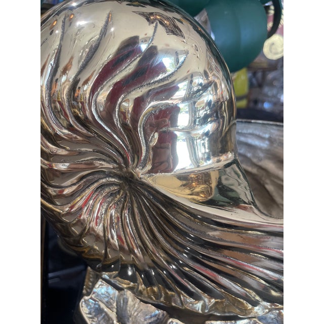Metal Pair of Large Solid Brass Nautilus Shell Bottle Coolers or Planters For Sale - Image 7 of 11