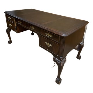 1980s Mahogany Executive Desk; Chippendale Claw; Leather Top For Sale