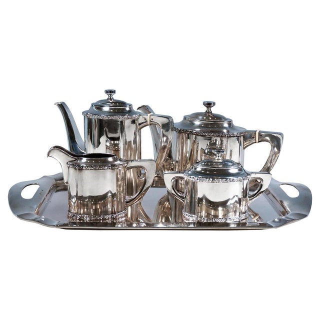 Art Nouveau Silver Coffee & Tea Set on Tray, 1890s, Set of 5 For Sale - Image 14 of 14