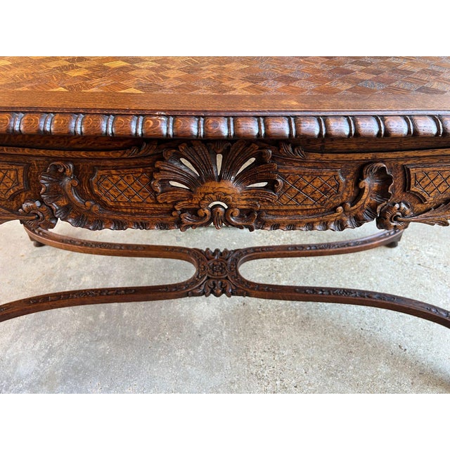 Antique French Center Library Table Louis XV Carved Oak Rococo Parquetry C1890 For Sale - Image 16 of 18