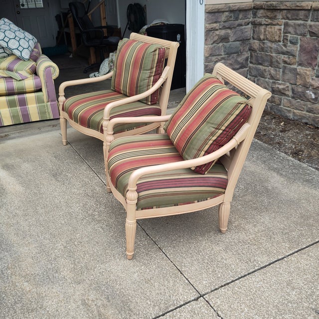 1980’s Neoclassic Large Scale Armchair by Bernhardt Hello, I have a pair of high-quality luxury lounge chairs here that...