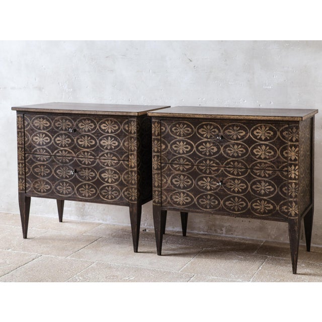 Neoclassical French Country Bedside Tables with Pattern in a Brown and Cream, Set of 2 For Sale - Image 9 of 12