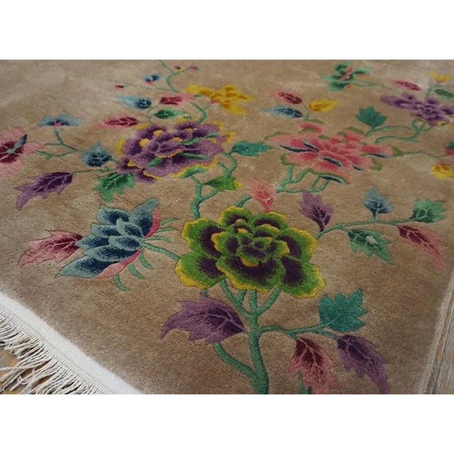 1920s Tan Sand Vase Floral Antique Chinese Art Deco Carpet 8'9" X 11'4" Knotted Wool Rug For Sale - Image 13 of 15