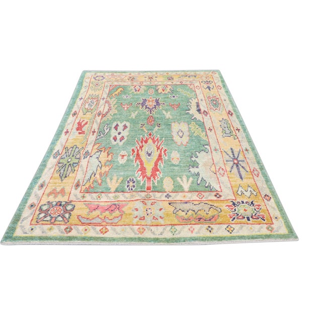 Early 21st Century Green Multicolor Handwoven Wool Turkish Oushak Rug 5'5' X 7'7" For Sale - Image 9 of 9