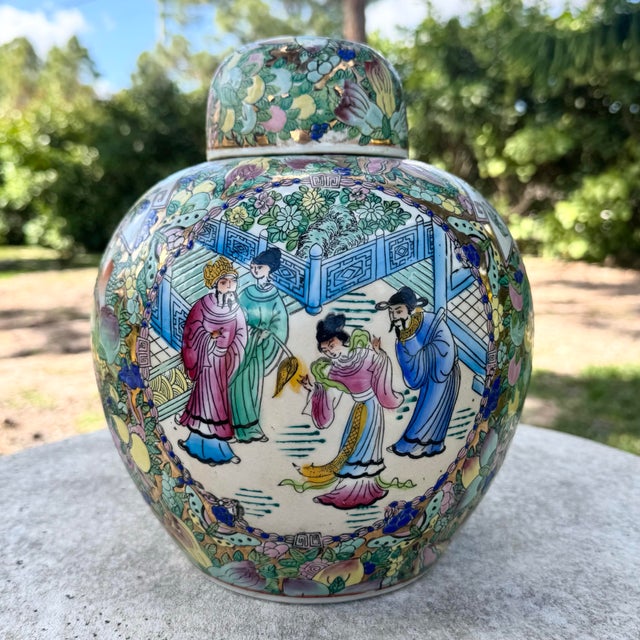 Green Vintage Chinese Hand Painted Multi Color Porcelain Ginger Jar For Sale - Image 8 of 9