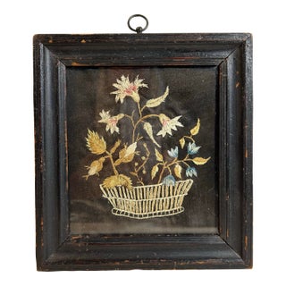 Antique Small Framed Needlepoint of a Basket of Flowers For Sale