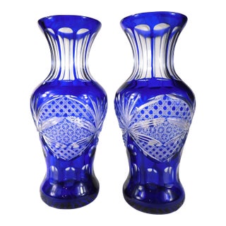 Pair of Two Blue Cut to Clear Vases For Sale