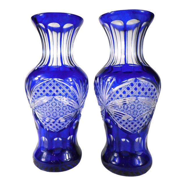 Pair of Two Blue Cut to Clear Vases For Sale