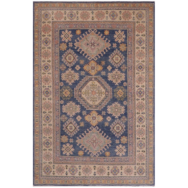 Bohemian Kazak Tribal Light Blue/Beige Wool Rug - 4'0''x6'1'' For Sale - Image 9 of 10