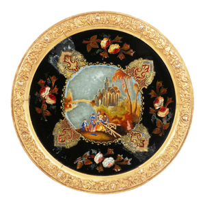 Antique Eglomise Reverse Painting on Glass & Giltwood Panel of Figures & Church