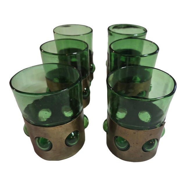 Vintage Mid-Century Green and Brass Tumbler Set For Sale