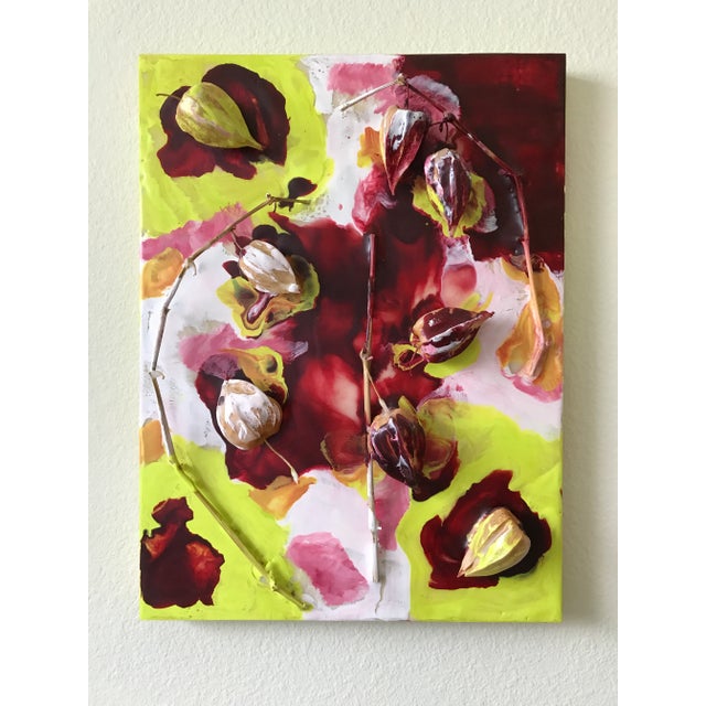 "Chinese Lanterns" Contemporary Abstract Botanical Mixed-Media Painting For Sale - Image 9 of 9