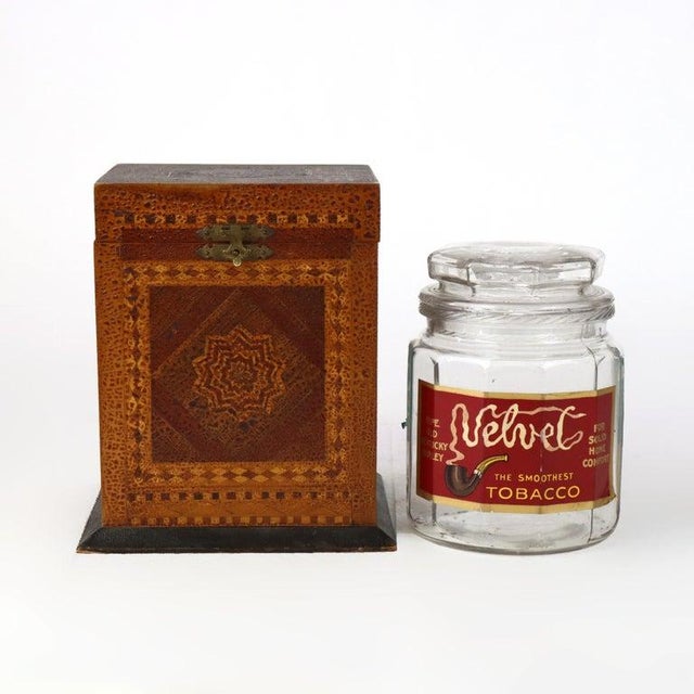 1910s Antique Mixed Wood & Marquetry Cigar Box With Glass Insert C1910 For Sale - Image 5 of 12