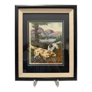 1940s W. C. Vincent Signed Hunting Dogs Mountain Lake Landscape Painting Framed For Sale
