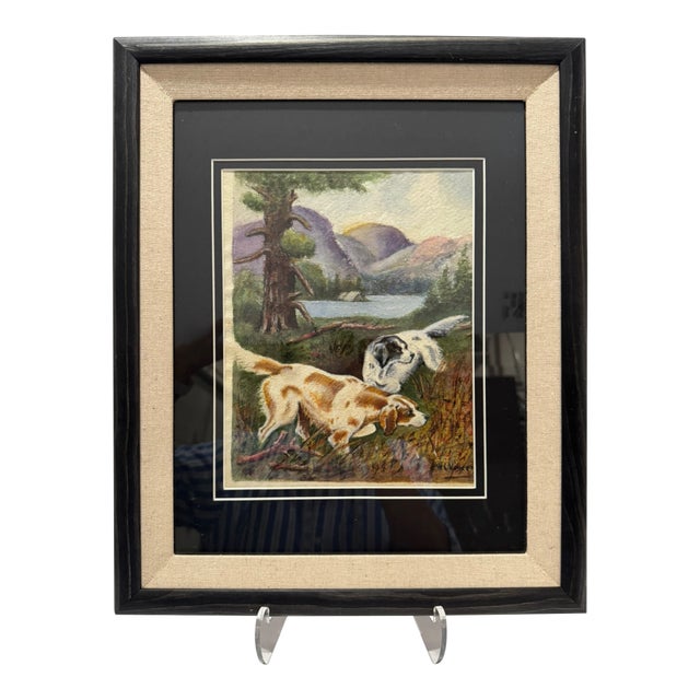 1940s W. C. Vincent Signed Hunting Dogs Mountain Lake Landscape Painting Framed For Sale