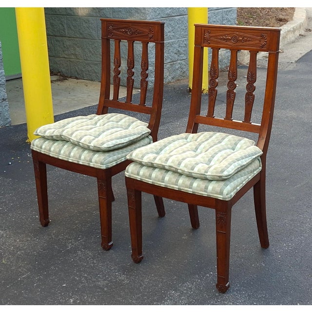 Late 20th Century Pair French Empire Mahogany With Green Beige Tufted Seat Upholstered Side Chairs For Sale - Image 4 of 14