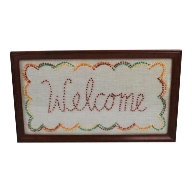 Framed Vintage Embroidery Fiber Art Welcome Sign | Chairish