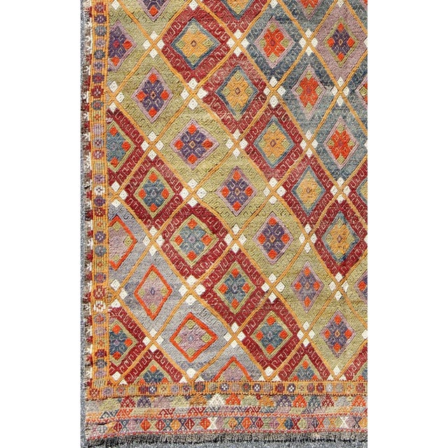 Tribal Colorful Kilim/Jijim With Diamonds in Light Green, Light Blue and Red For Sale - Image 3 of 6