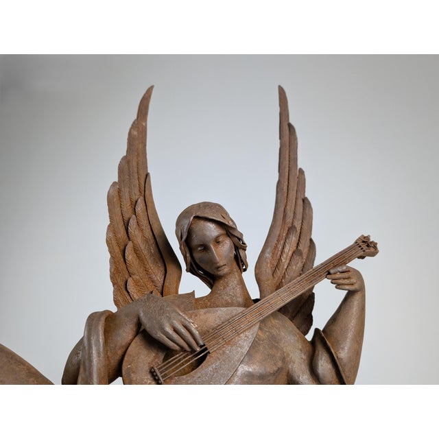 Spanish Renaissance Revival Forged Iron Angel Sculpture Playing Lute, 1920s For Sale - Image 3 of 18