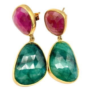 Bochic "Capri" Ruby & Multi Rough Cut Emerald Earrings Set In 18K Gold & Silver For Sale