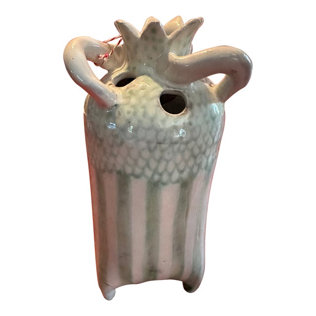 Handcrafted Striped Celadon Green Ceramic Vase For Sale