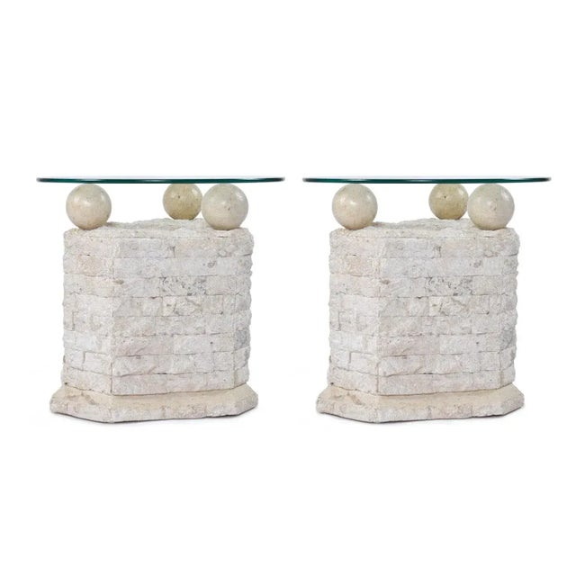 1980s Pair of Tessellated Mactan Stone Side Tables With New Round Glass Tops For Sale - Image 5 of 13