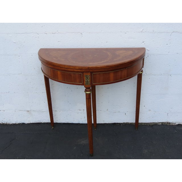 French Demilune Inlay Leather Top Console Flip Top Card Table 6916 For Sale - Image 17 of 18