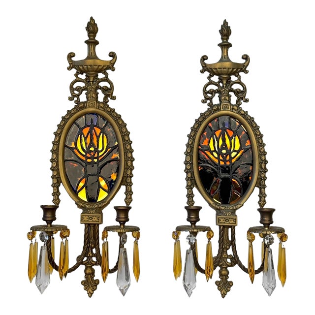 Antique Empire Brass & Stained Glass Crystal Prism Candle Wall Sconces - A Pair For Sale