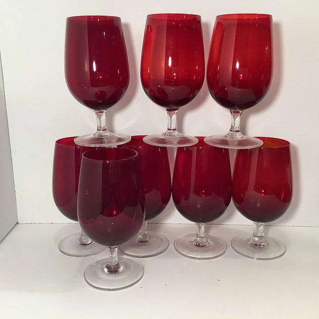 Ruby Red 1960s Ruby Art Deco Water Goblets With Clear Low Rise Stems - Set of 8 For Sale - Image 8 of 8
