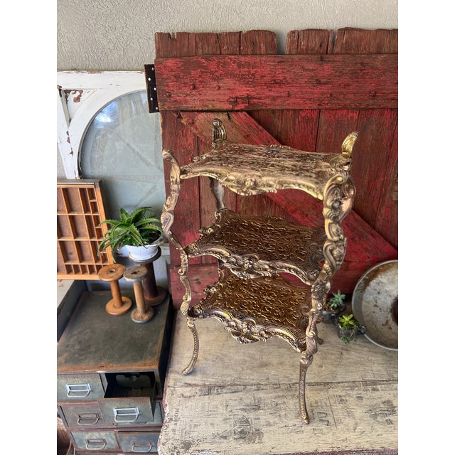 Late 19th Century Ornate Brass 3-Tiered Plant Stand or Accent Table With Intricate Engraved Details For Sale In Kansas City - Image 6 of 17