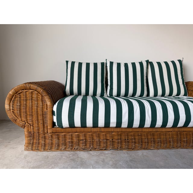 Green 1970s Vintage Coastal Organic - Rattan Sofa With Rolled Arms & Striped Cushions For Sale - Image 8 of 18