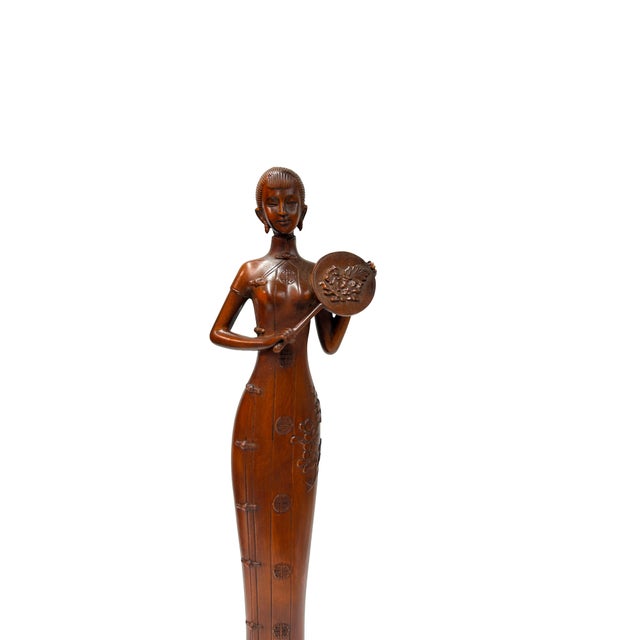 1990s Oriental Brown Wood Carved Slim Artistic Holding Fan Lady Figure For Sale - Image 5 of 6