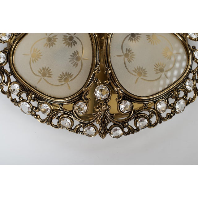 Brass 1970s Spanish Neo-Baroque Gilt Cast Brass and Crystal Flush Mount Ceiling Light For Sale - Image 8 of 10