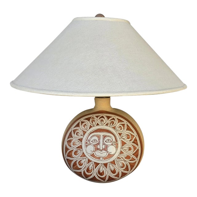 1970's Ceramic Sun Table Lamp, Signed Brown For Sale