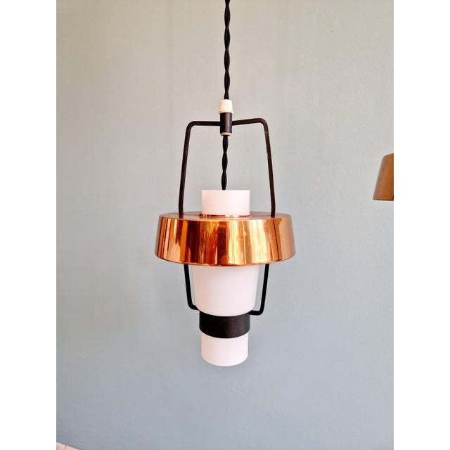 Scandinavian Pendant Lights in White Opaline and Copper Metal, 1960s, Set of 3 For Sale - Image 6 of 18