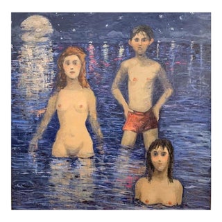 Giampaolo Talani "The Bay With Full Moon" Oil on Board, Large Figurative Nocturne, Tuscan Coastal Art, Contemporary Art by Italian Master, 2000 For Sale