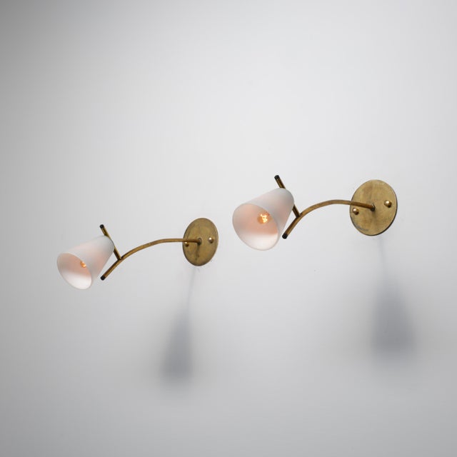 Italian Brass Wall Sconces with Opaline Glass Conical Shades, 1950s, Set of 2 For Sale - Image 12 of 12
