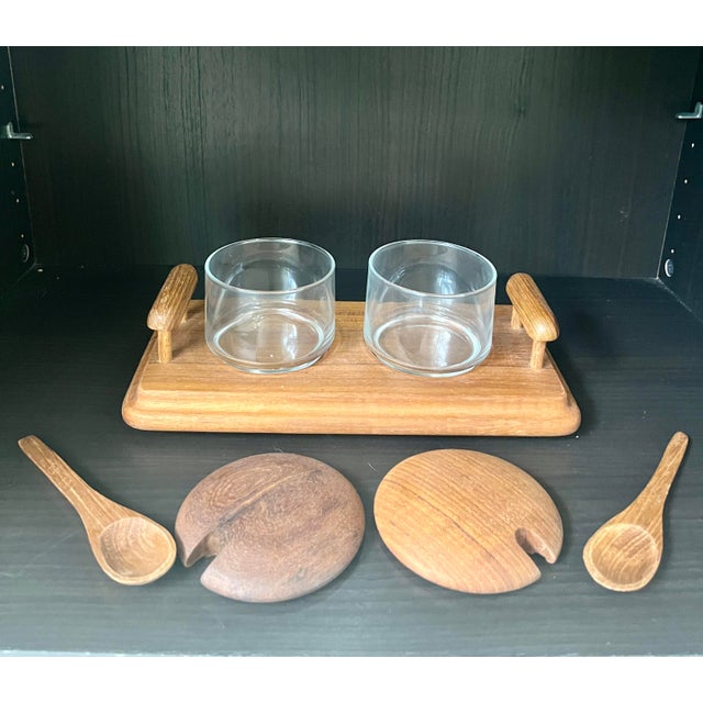 Function meets form.with this Vintage Teak condiment Serving Tray. The beautiful teak wood tray holding two Glass Serving...