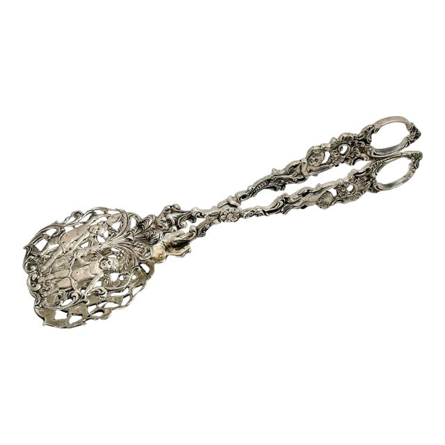 Fancy Antique Signed Peruzzi Italy Rococo Style Solid 800 Grade Coin Silver Pastry - Cannoli Serving Tongs For Sale